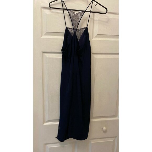 Tamara Mellon Lace-Insert Spaghetti Strap Navy Blue Silk Slip Mini Dress Size 2 - Picture 5 of 12